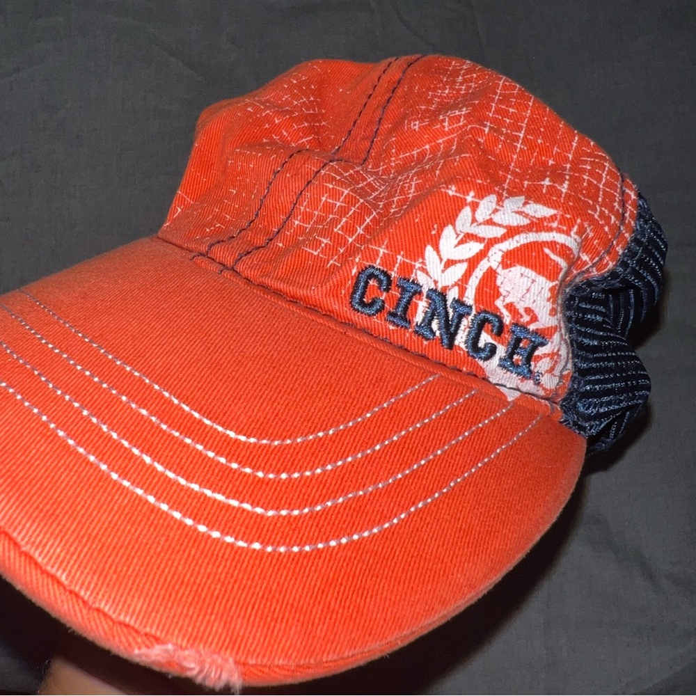 Vintage Y2K Cinch Hat Strap Back Trucker Orange Distressed Brim Dad Hat Cap